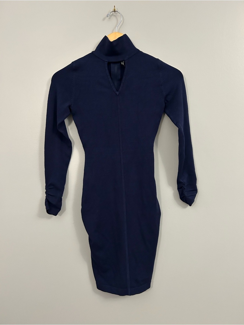Marciano Navy Long-Sleeve Turtleneck Bodycon Dress with Keyhole XS